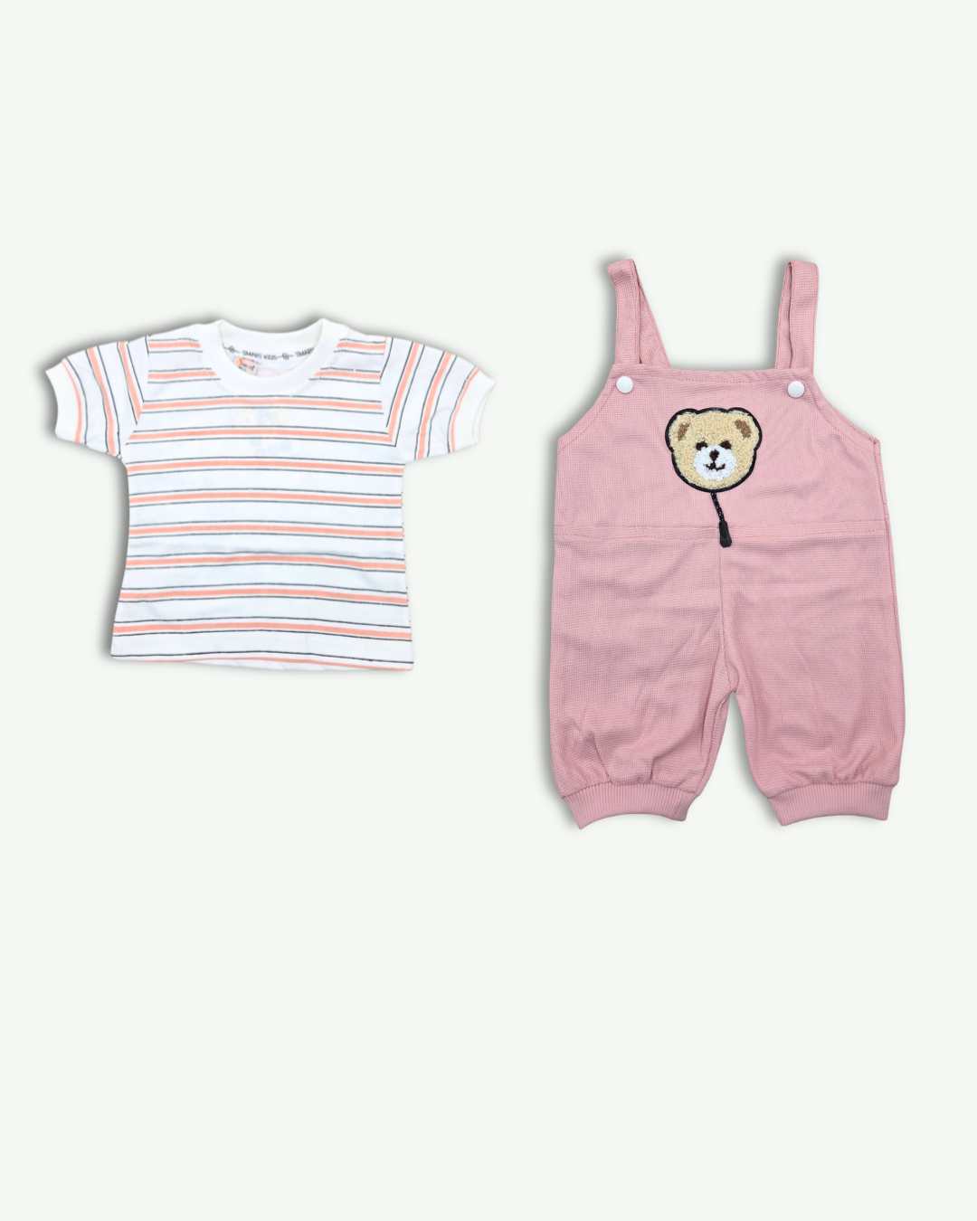 2-Piece Summer Romper Set with T-Shirt - Peach & White