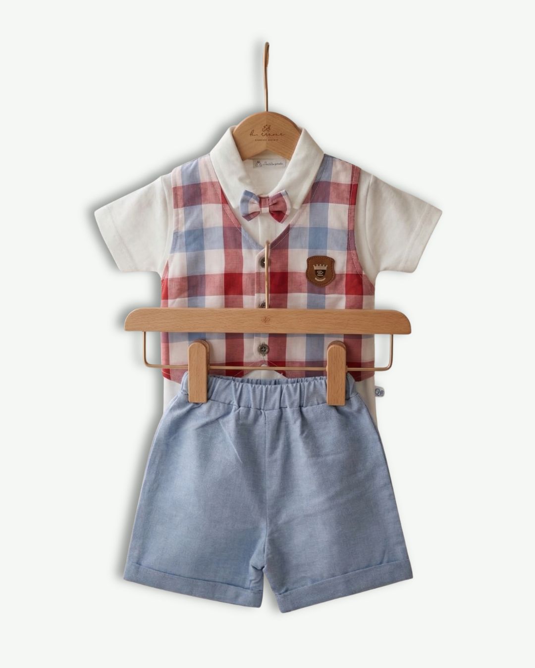 2-Piece Boys Checkered Vest Suit with Light Blue Shorts