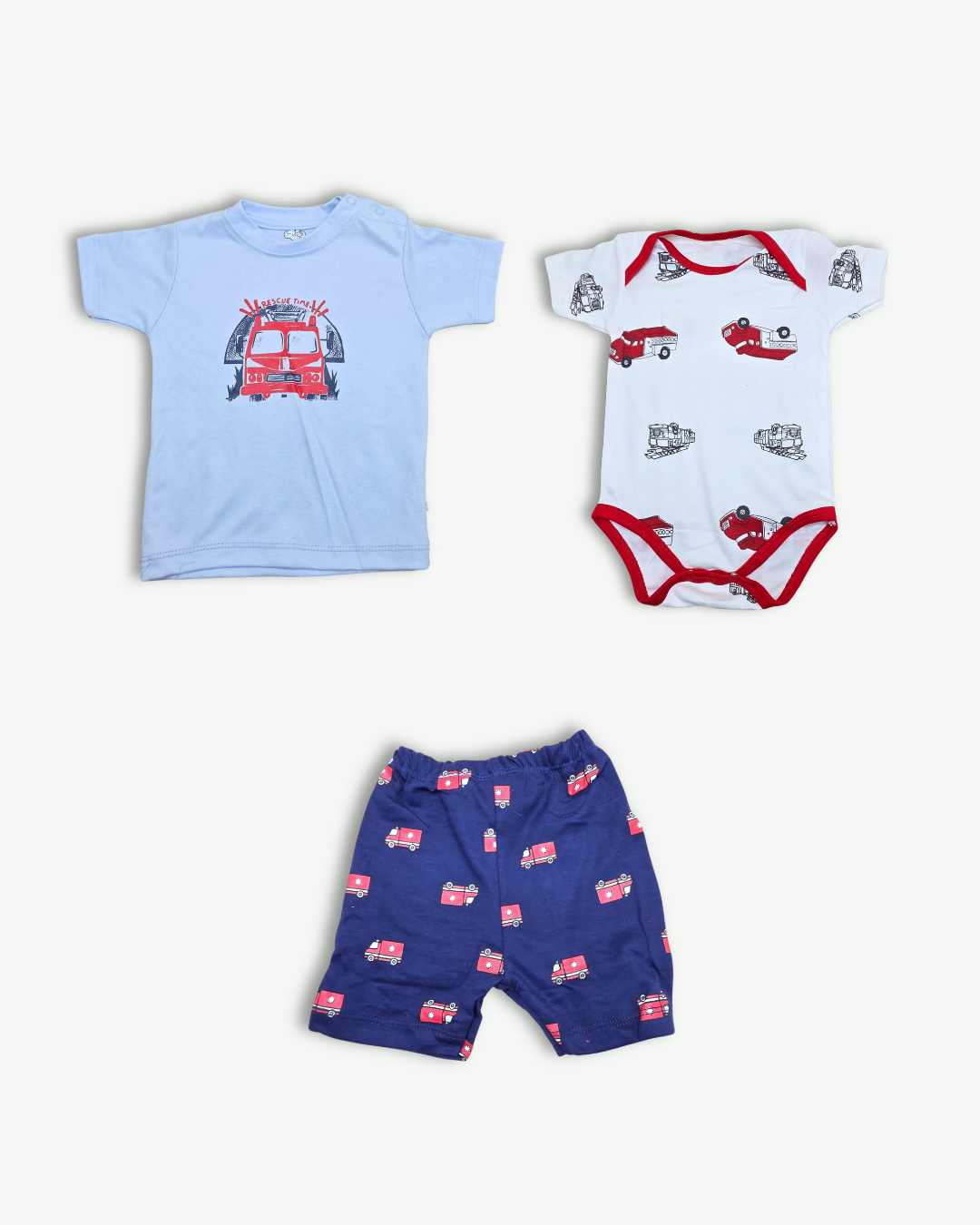 3-Piece Baby Boy Fire Truck Theme Summer Set - Light Blue