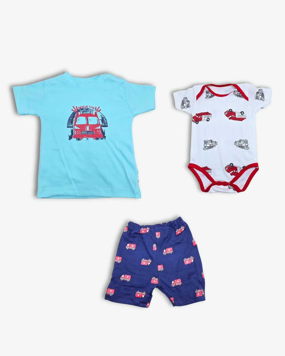 3-Piece Baby Boy Fire Truck Theme Summer Set - Light Green