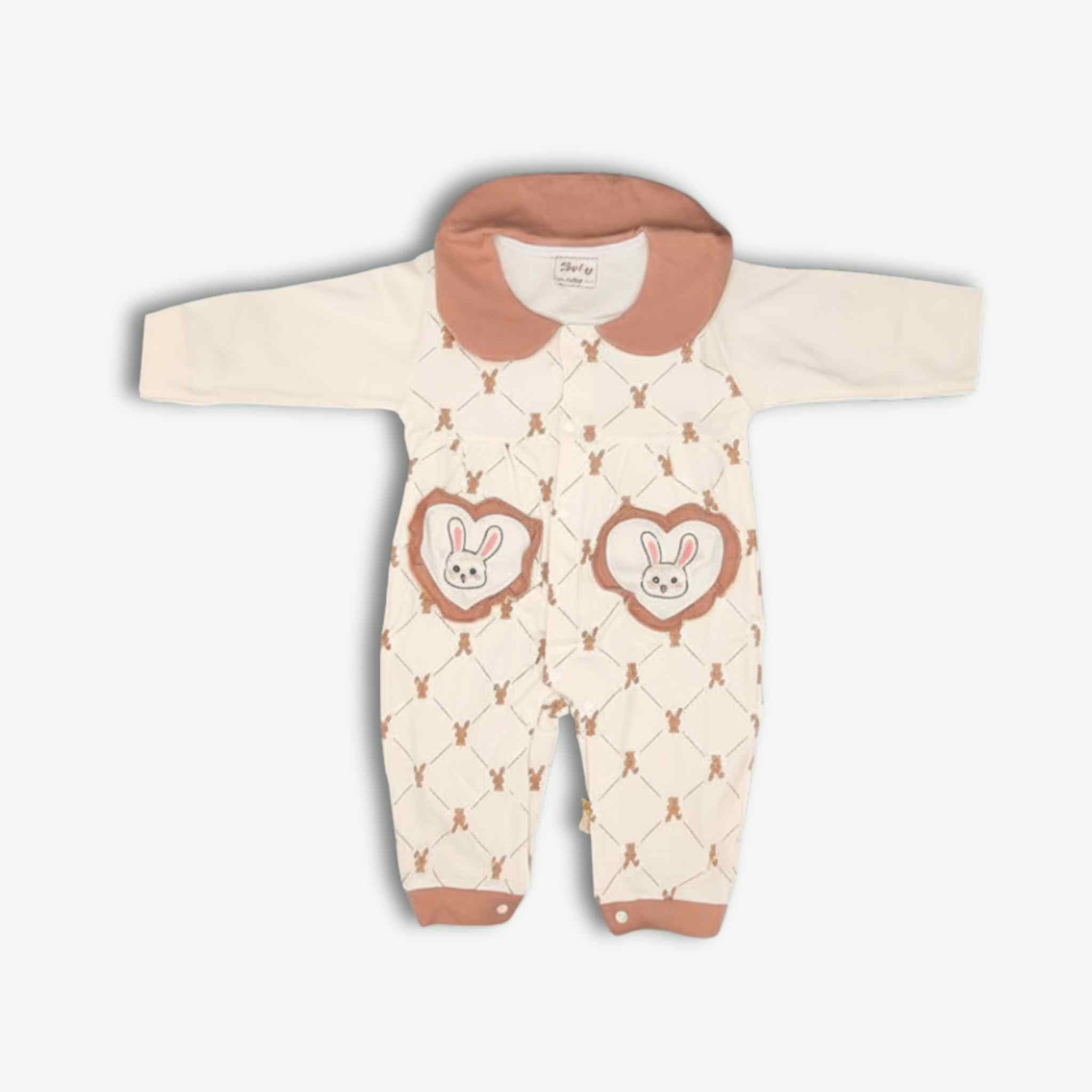 Romper Suit Collared with Bunny Hearts - Winter - Beige