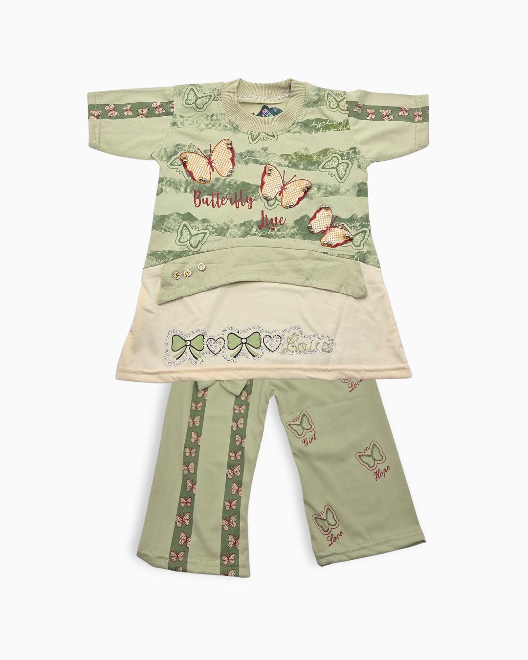 Baby Girls Butterfly Printed T-Shirt & Trouser Set-Green