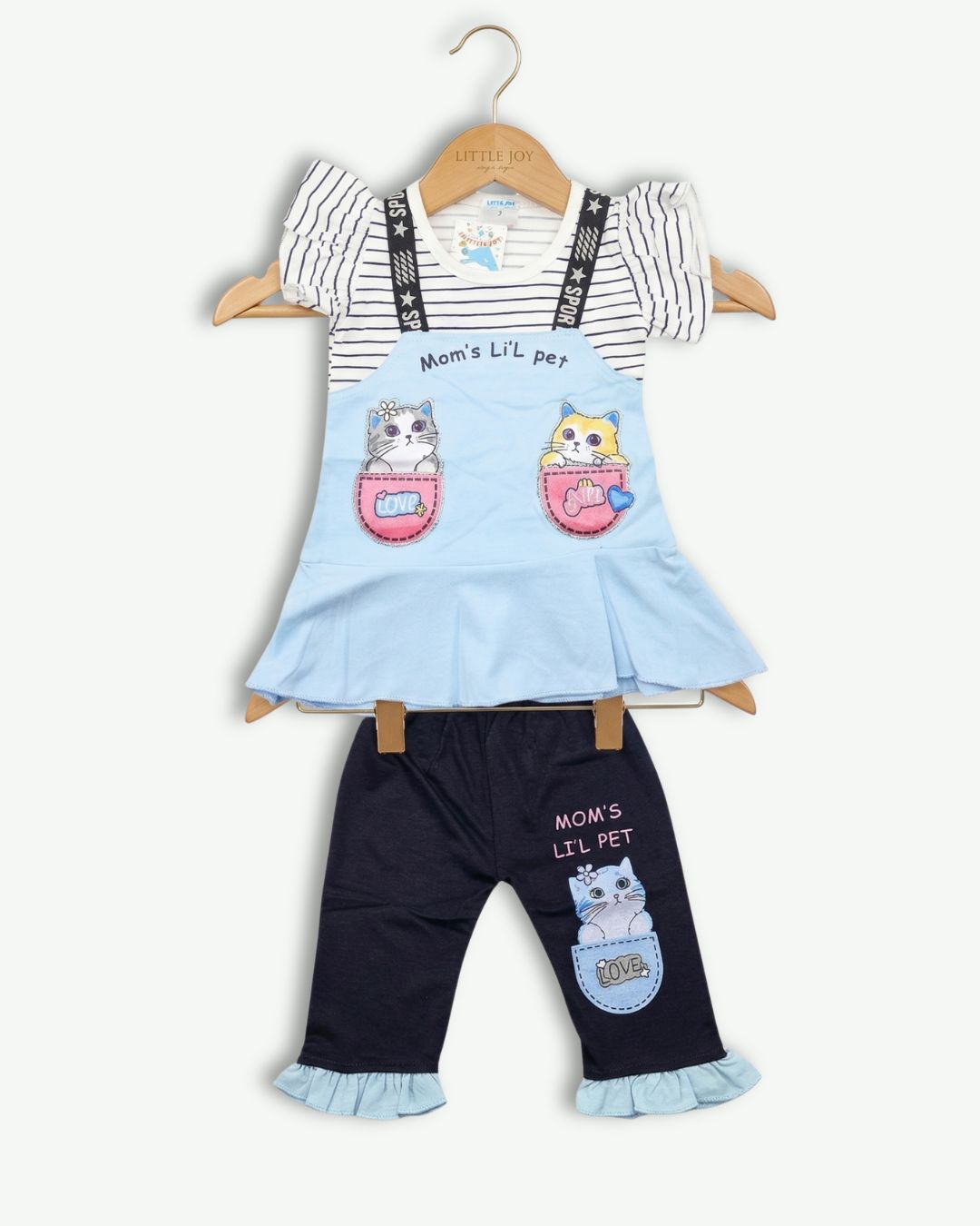 Baby Girls Striped Top & Kitty Trouser Set -Blue & White