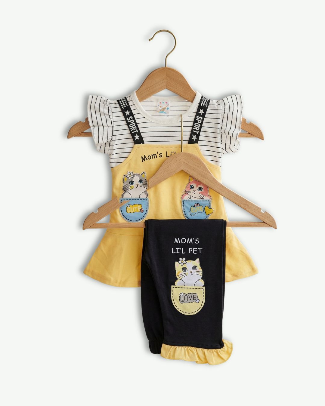 Baby Girls Striped Top & Kitty Trouser Set -Yellow & White