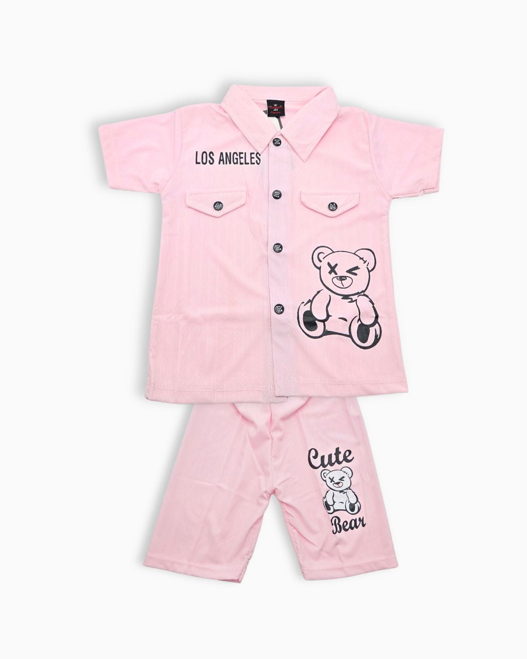 Bear Print Short Sleeve Shirt Set - Pink