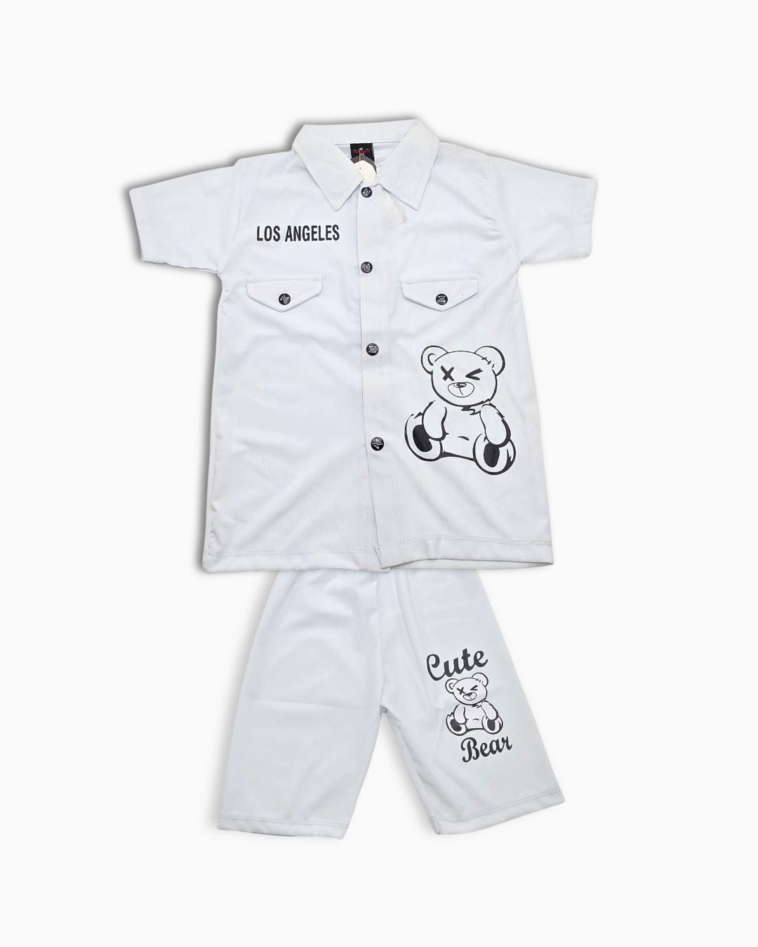 Bear Print Short Sleeve Shirt Set - Light Grey