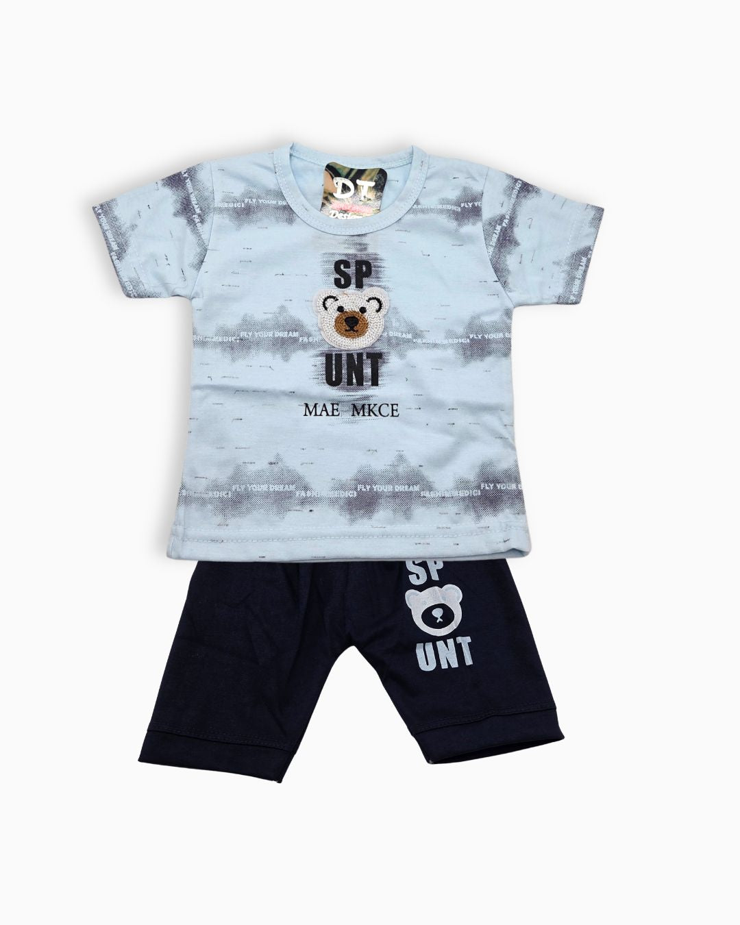 Boy Summer Suit with Teddy Bear Applique-Blue