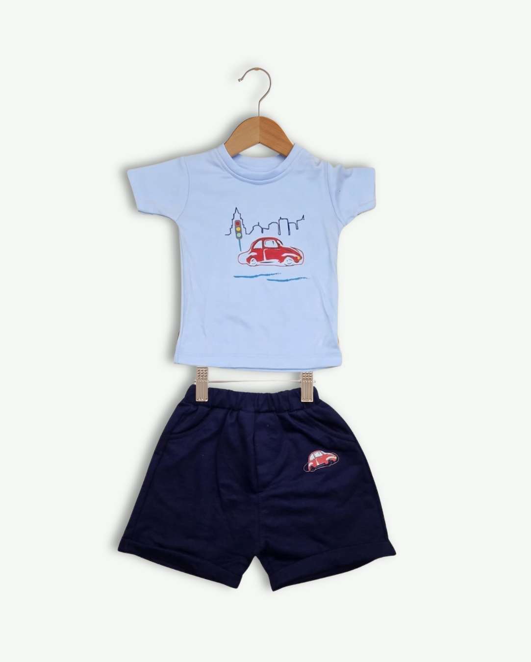 Boy Car Print T-Shirt & Shorts Set - Light Blue
