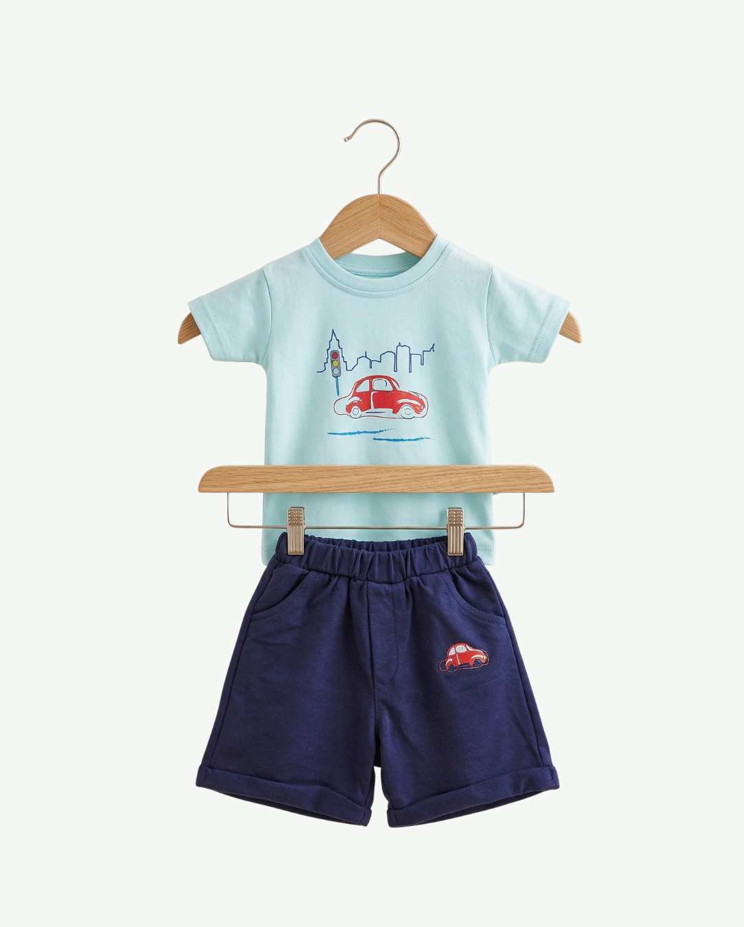 Boy Car Print T-Shirt & Shorts Set - Light Blue
