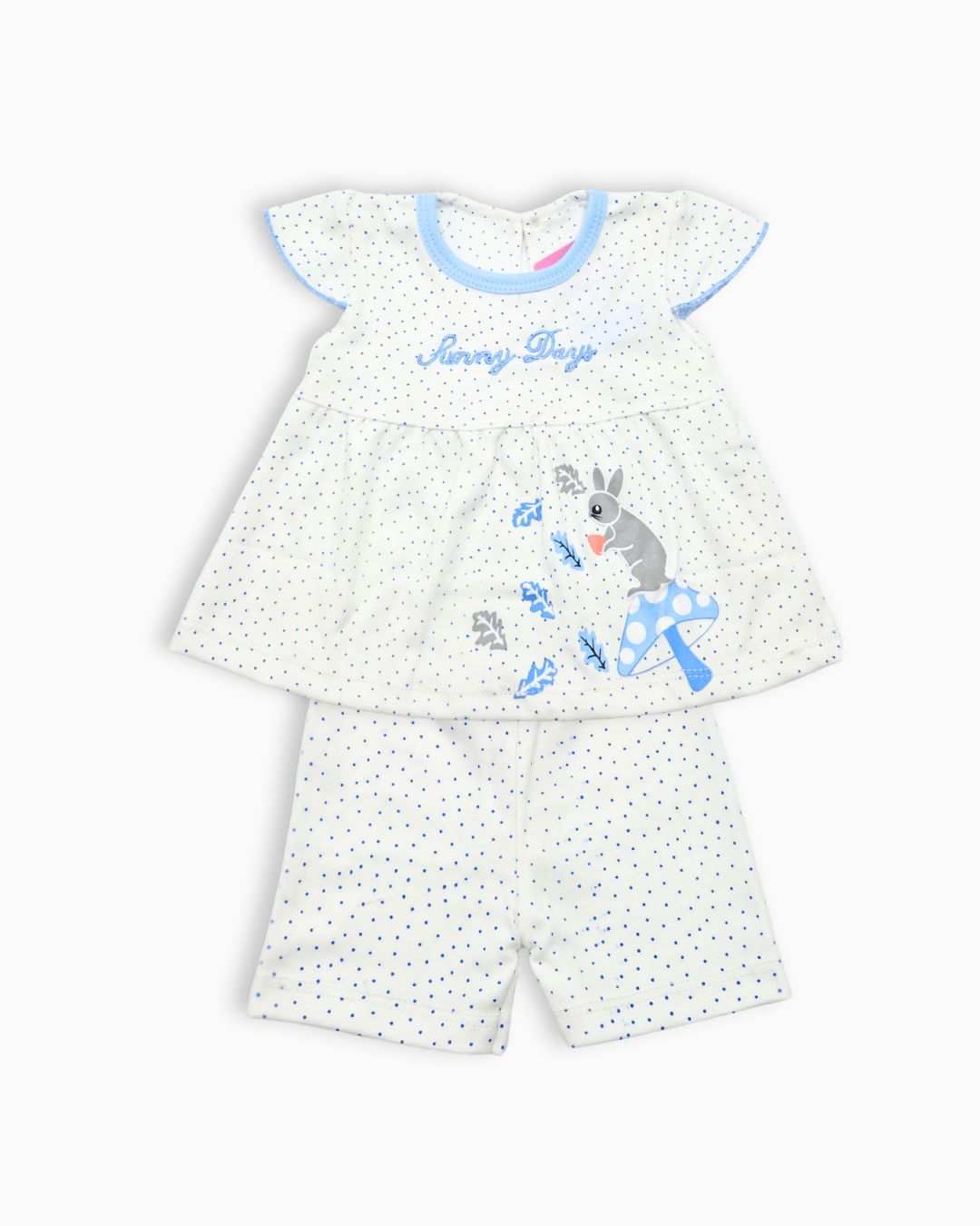 Dotted Cotton Infant Top and Bottom Set - White Blue