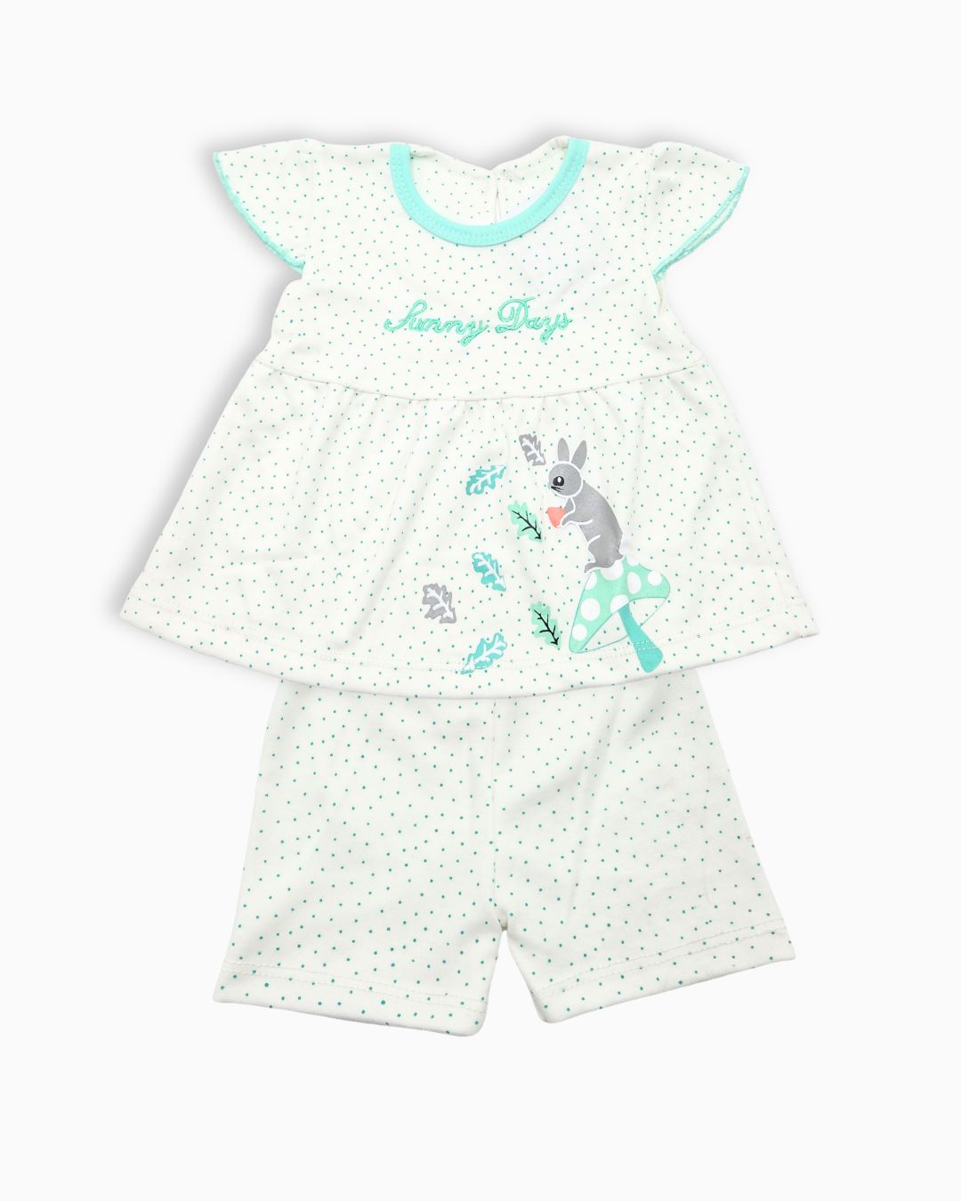 Dotted Cotton Infant Top and Bottom Set - White Green