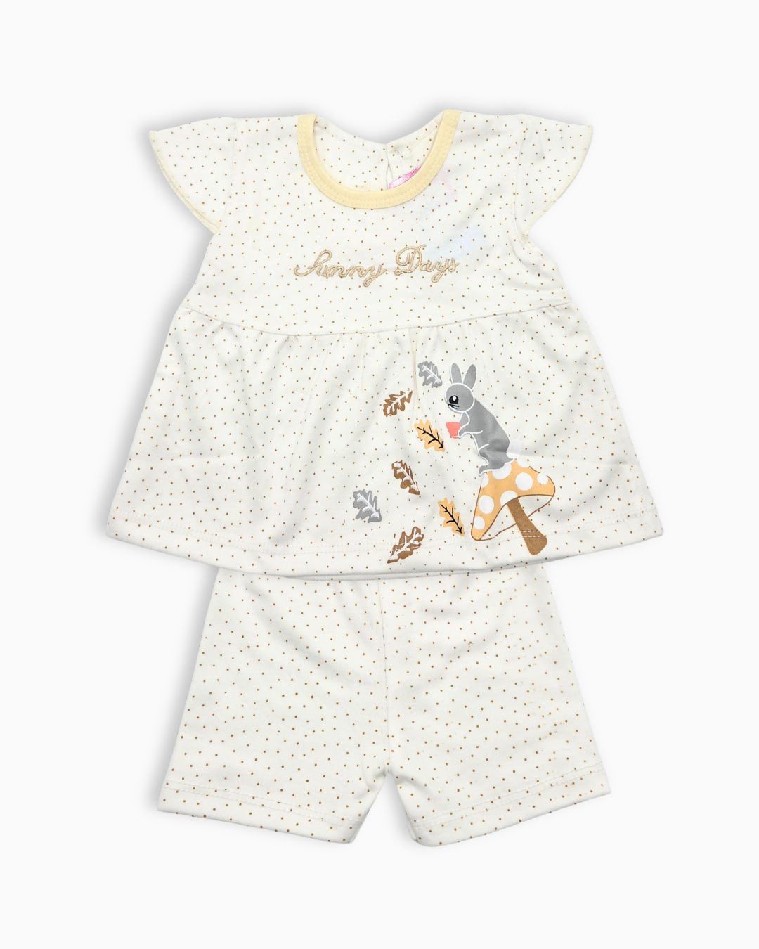 Dotted Cotton Infant Top and Bottom Set - White Brown