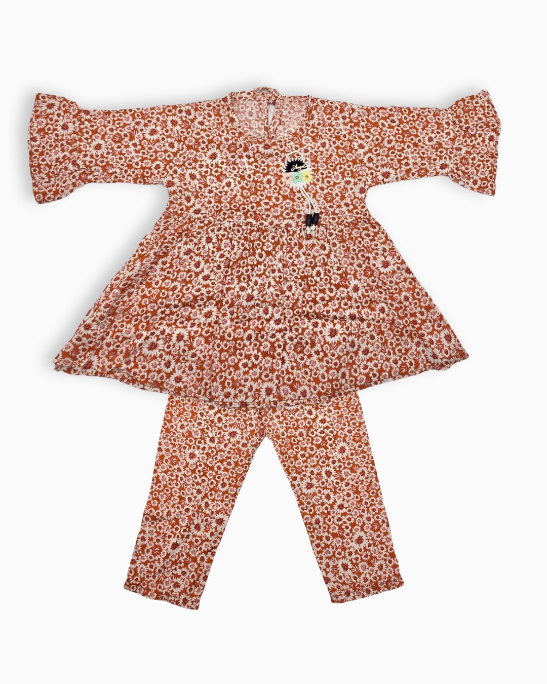 Girls Rusty Linen Frock Wildflower Printed 2pcs Set