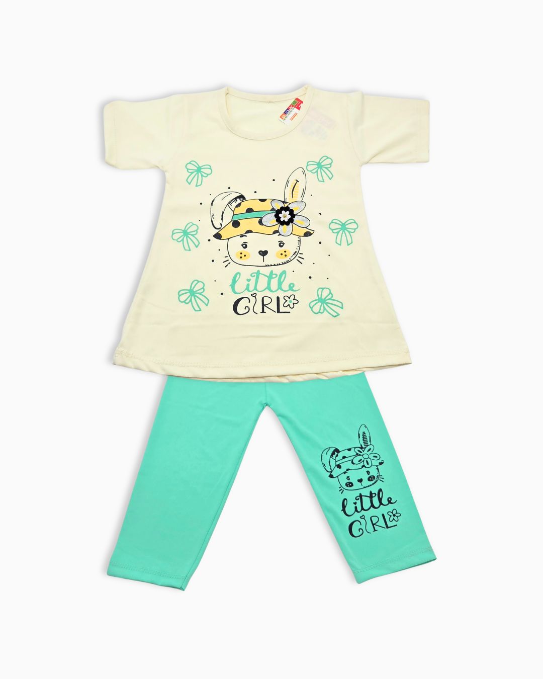 Little Girl Bunny Print T-Shirt & Leggings Set - Green