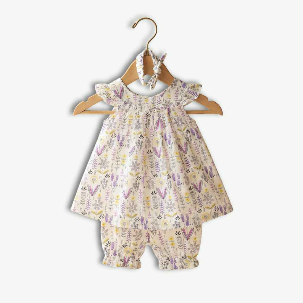 Purple & Yellow Floral Print Baby Outfit Set