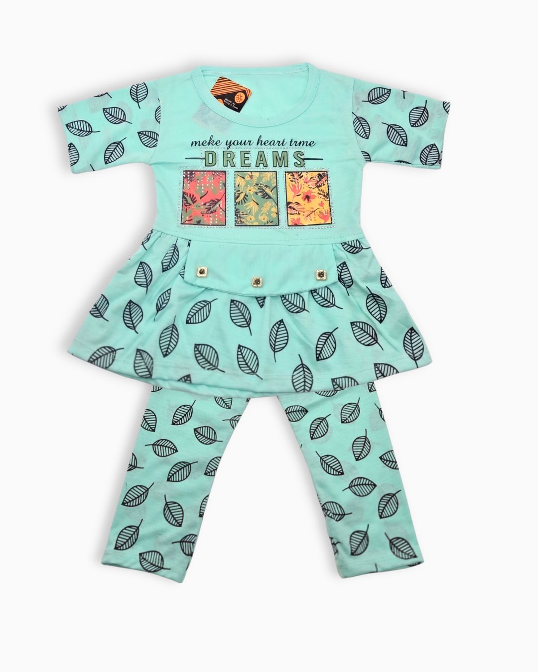 Girls Leaf Pattern Peplum Outfit - Green