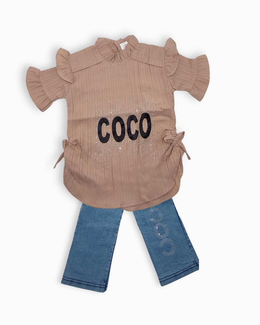 2-Piece Baby Girl  Ruffle Top and Rhinestone Jeans Suit-Brown