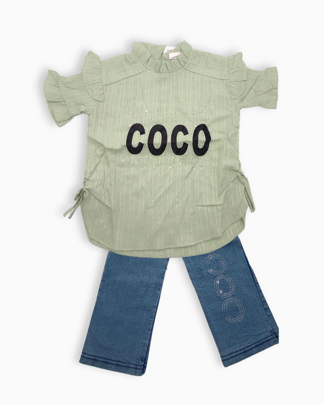 2-Piece Baby Girl  Ruffle Top and Rhinestone Jeans Suit-Green