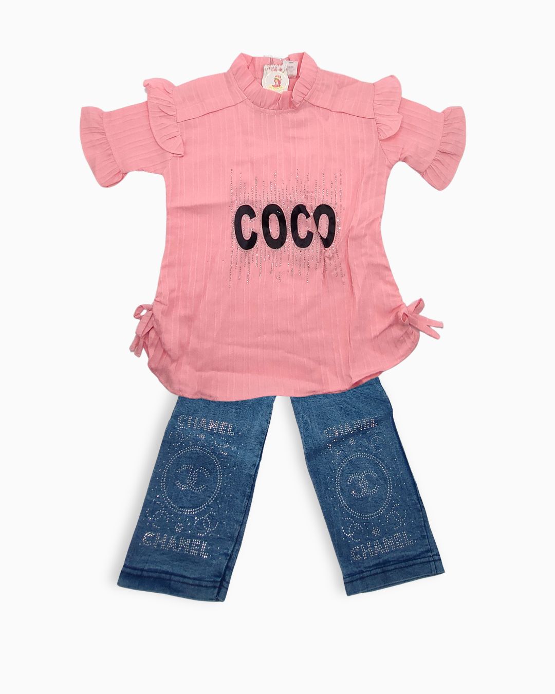 2-Piece Baby Girl  Ruffle Top and Rhinestone Jeans Suit-Pink