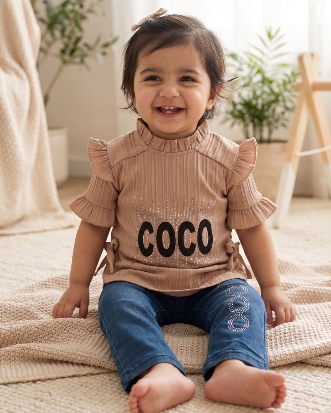 2-Piece Baby Girl  Ruffle Top and Rhinestone Jeans Suit-Brown