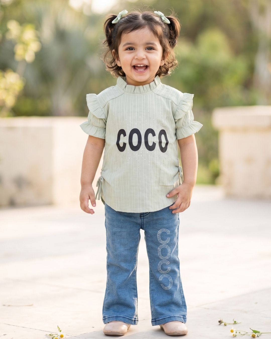 2-Piece Baby Girl  Ruffle Top and Rhinestone Jeans Suit-Green