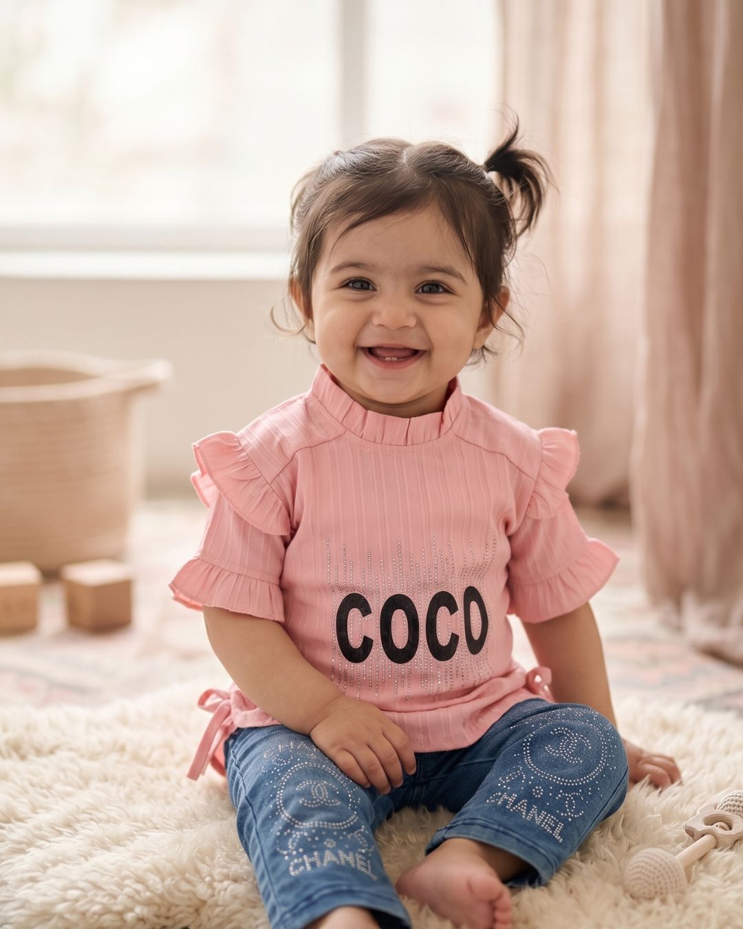 2-Piece Baby Girl  Ruffle Top and Rhinestone Jeans Suit-Pink