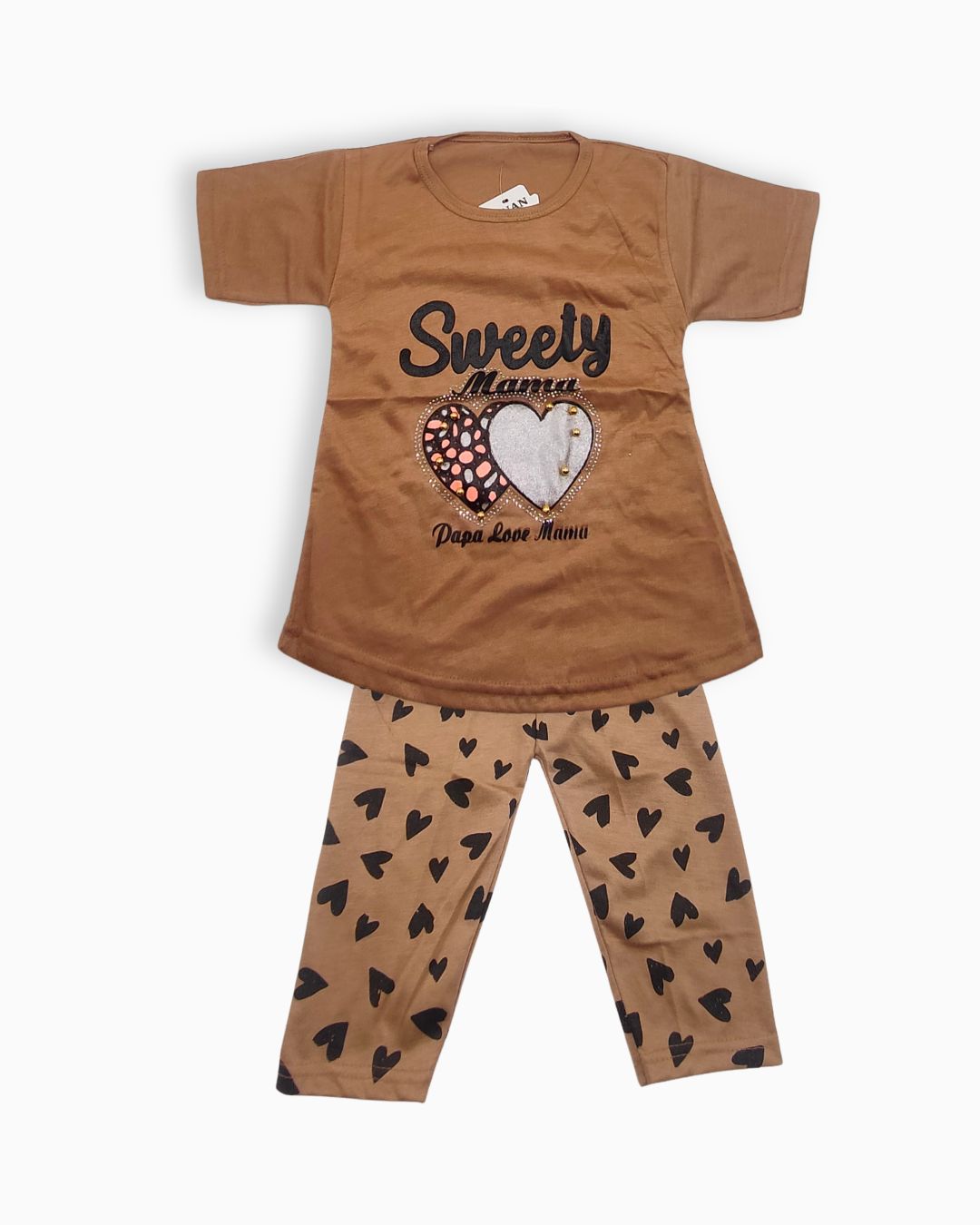 Baby Girl T-Shirt & Printed Trouser Set-Brown