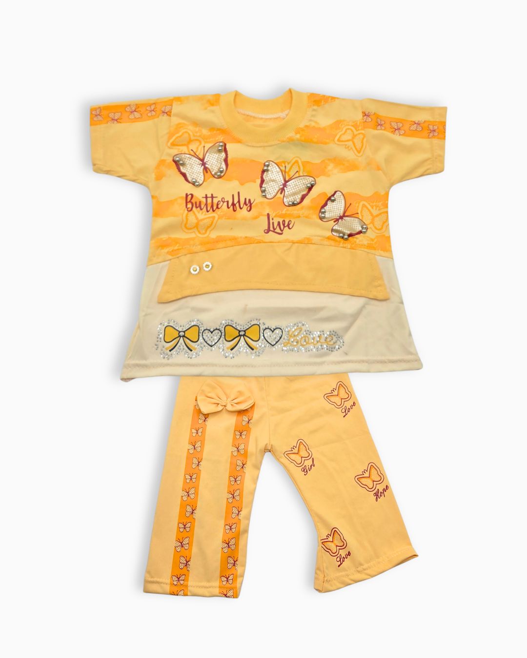 Baby Girls  Butterfly Printed T-Shirt & Trouser Set-Peach
