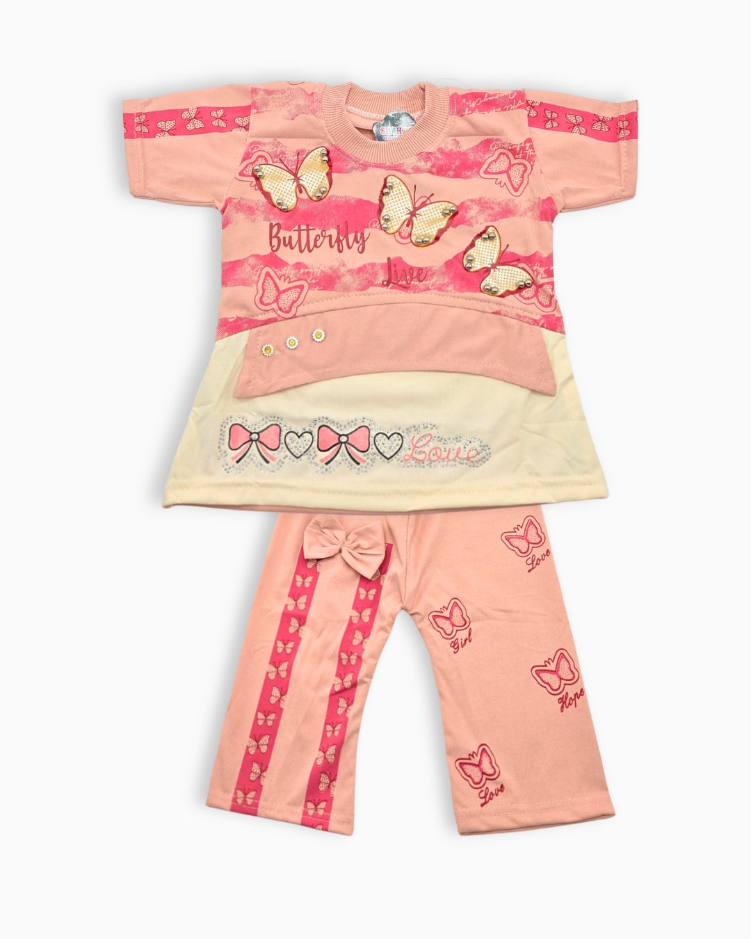 Baby Girls  Butterfly Printed T-Shirt & Trouser Set-Pink