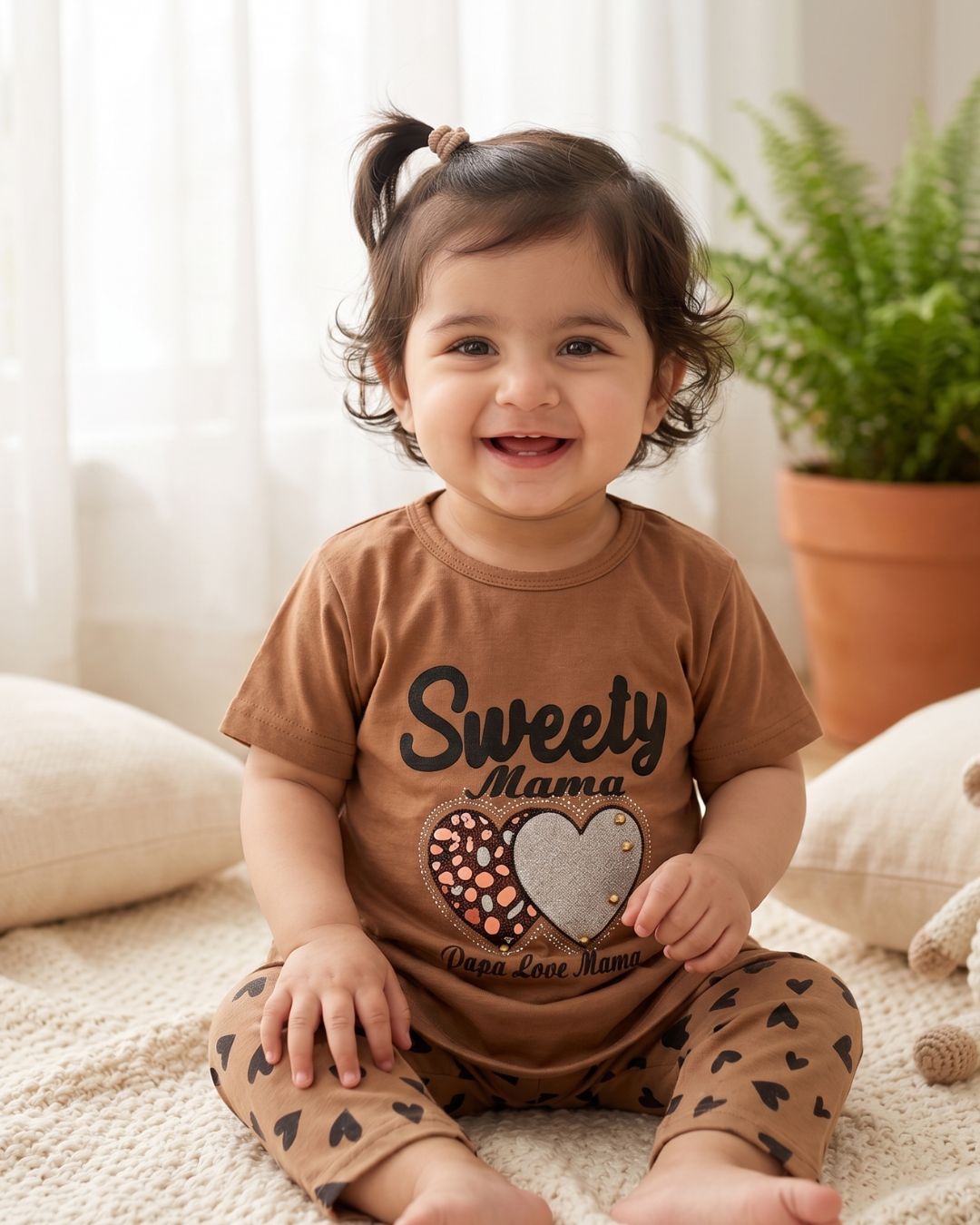 Baby Girl T-Shirt & Printed Trouser Set-Brown