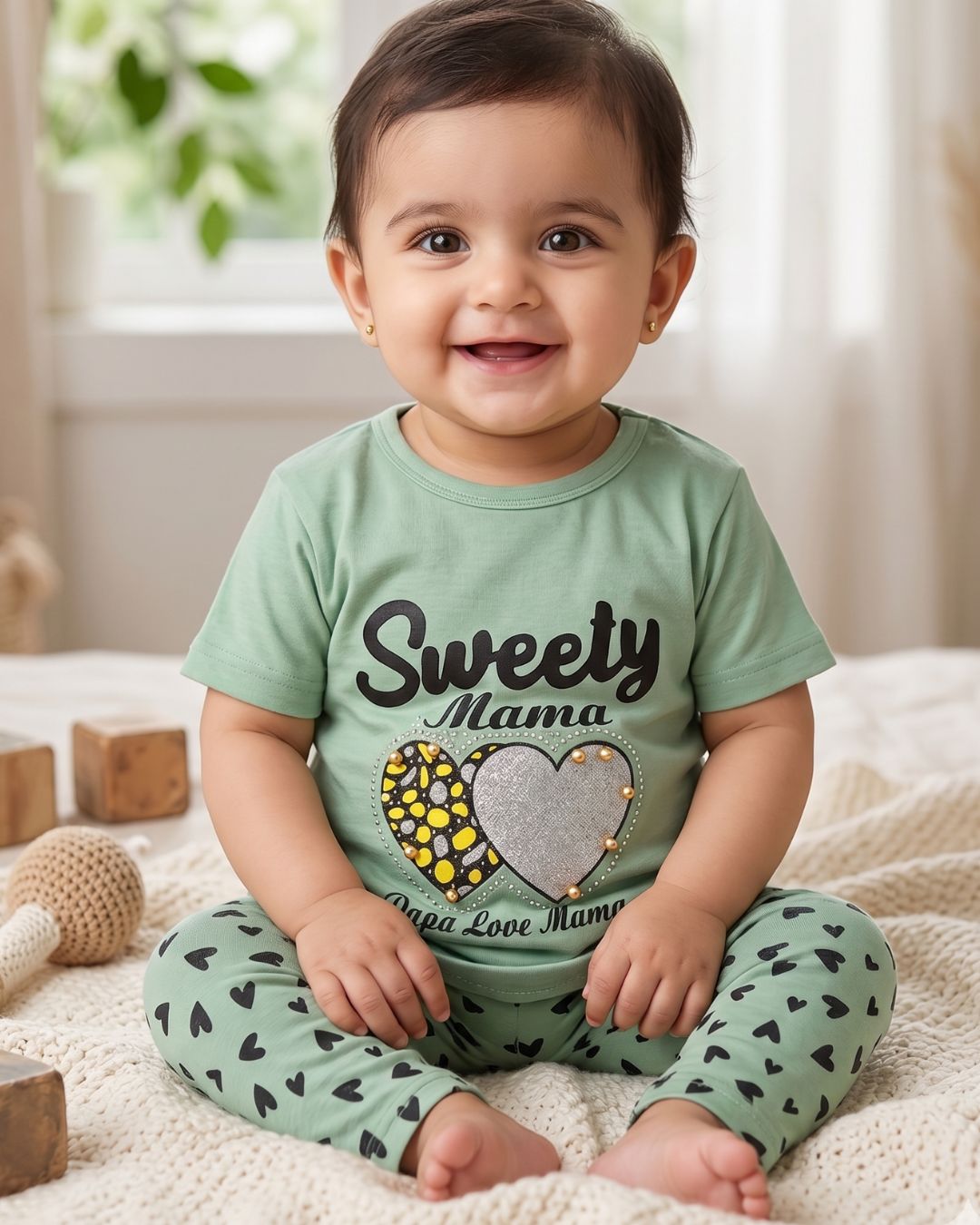 Baby Girl T-Shirt & Printed Trouser Set-Green