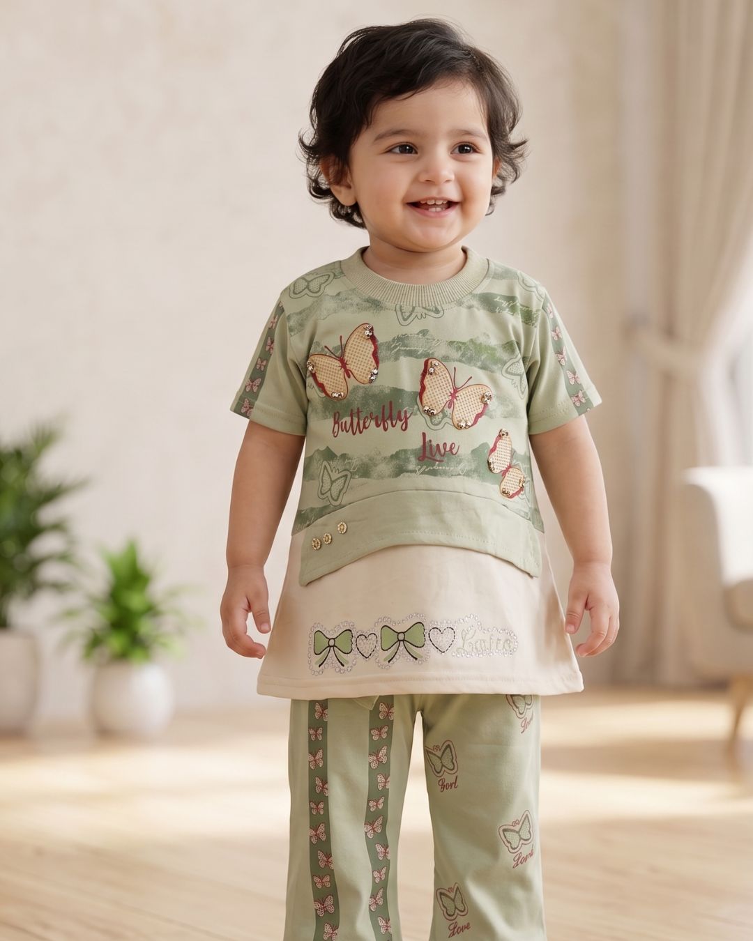 Baby Girls  Butterfly Printed T-Shirt & Trouser Set-Green