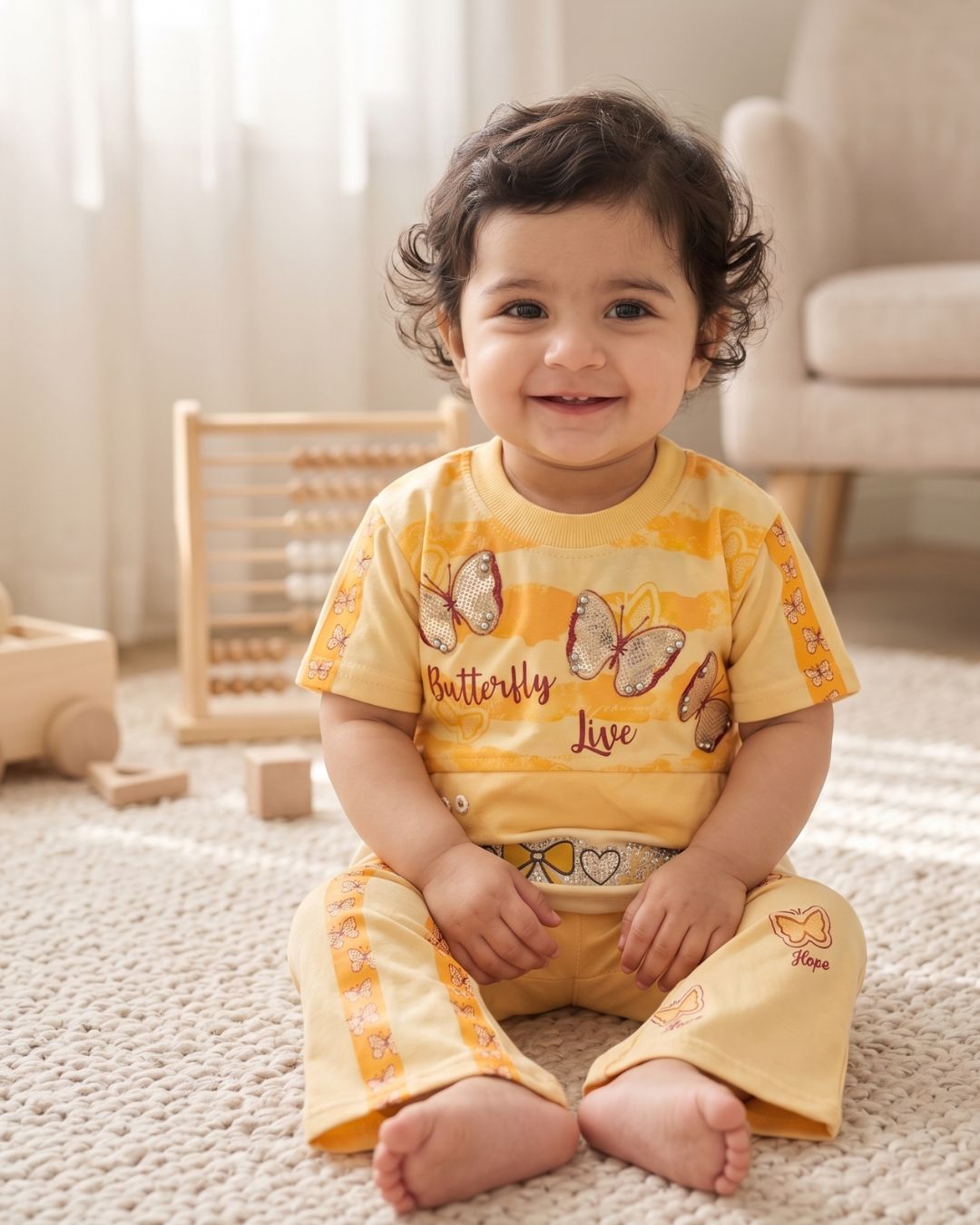 Baby Girls  Butterfly Printed T-Shirt & Trouser Set-Peach