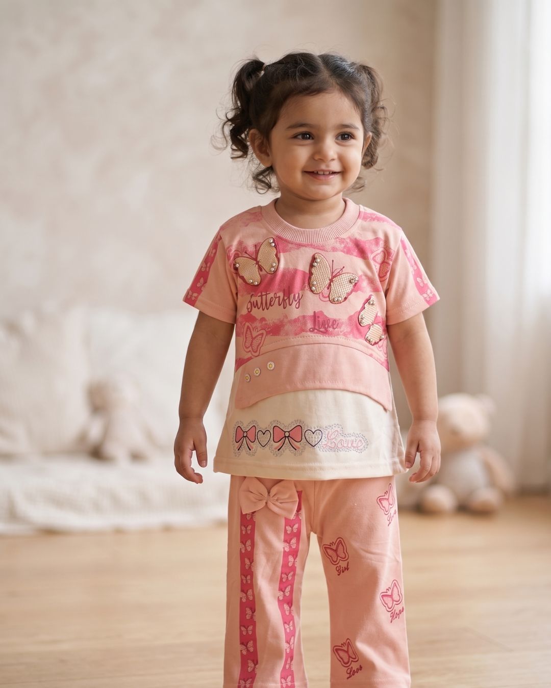 Baby Girls  Butterfly Printed T-Shirt & Trouser Set-Pink
