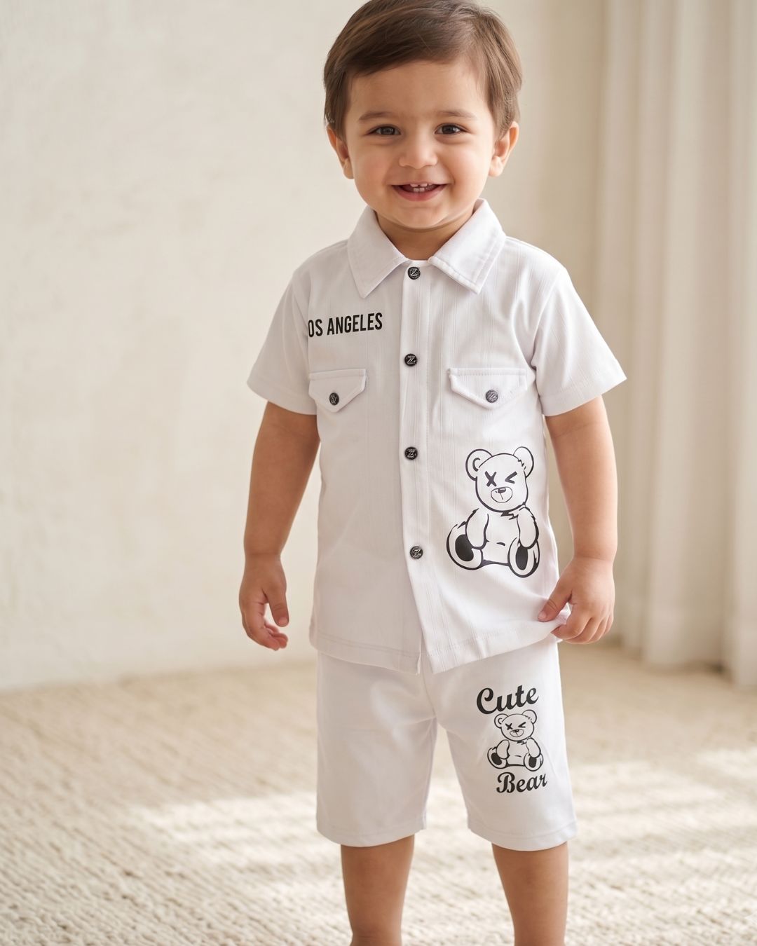 Bear Print Short Sleeve Shirt Set - Light Grey