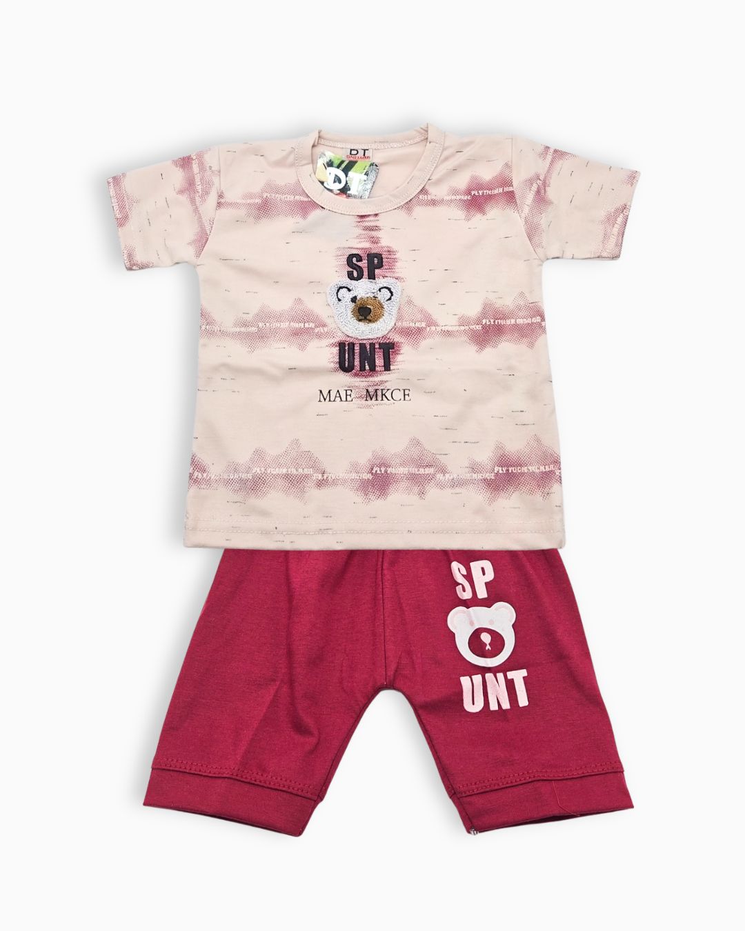Boy Summer Suit with Teddy Bear Applique-Maroon
