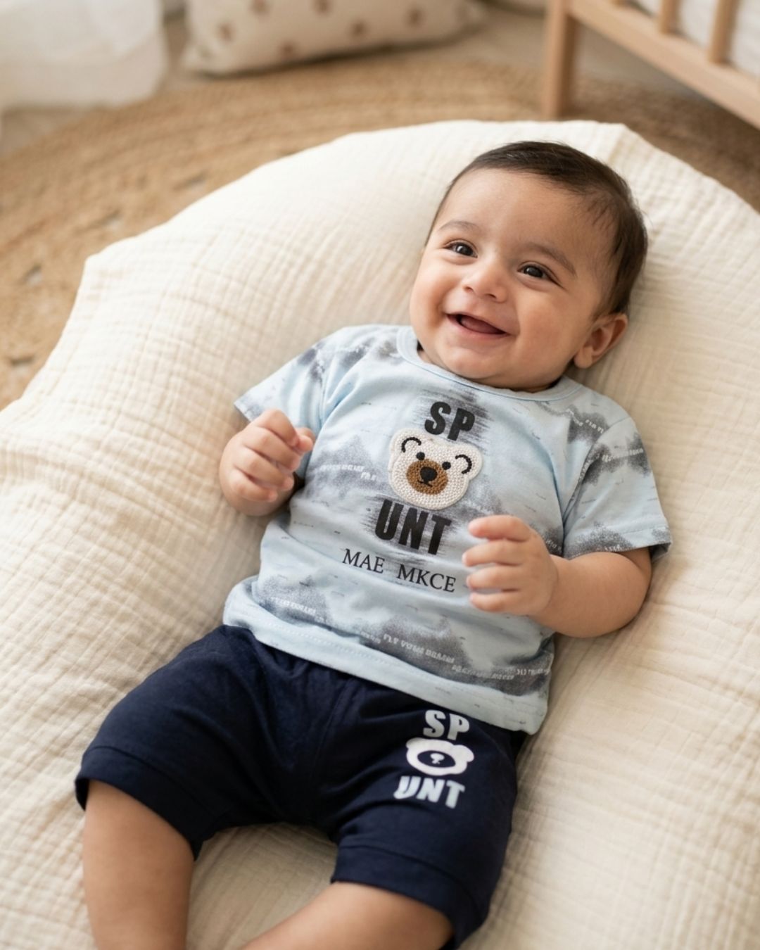 Boy Summer Suit with Teddy Bear Applique-Blue