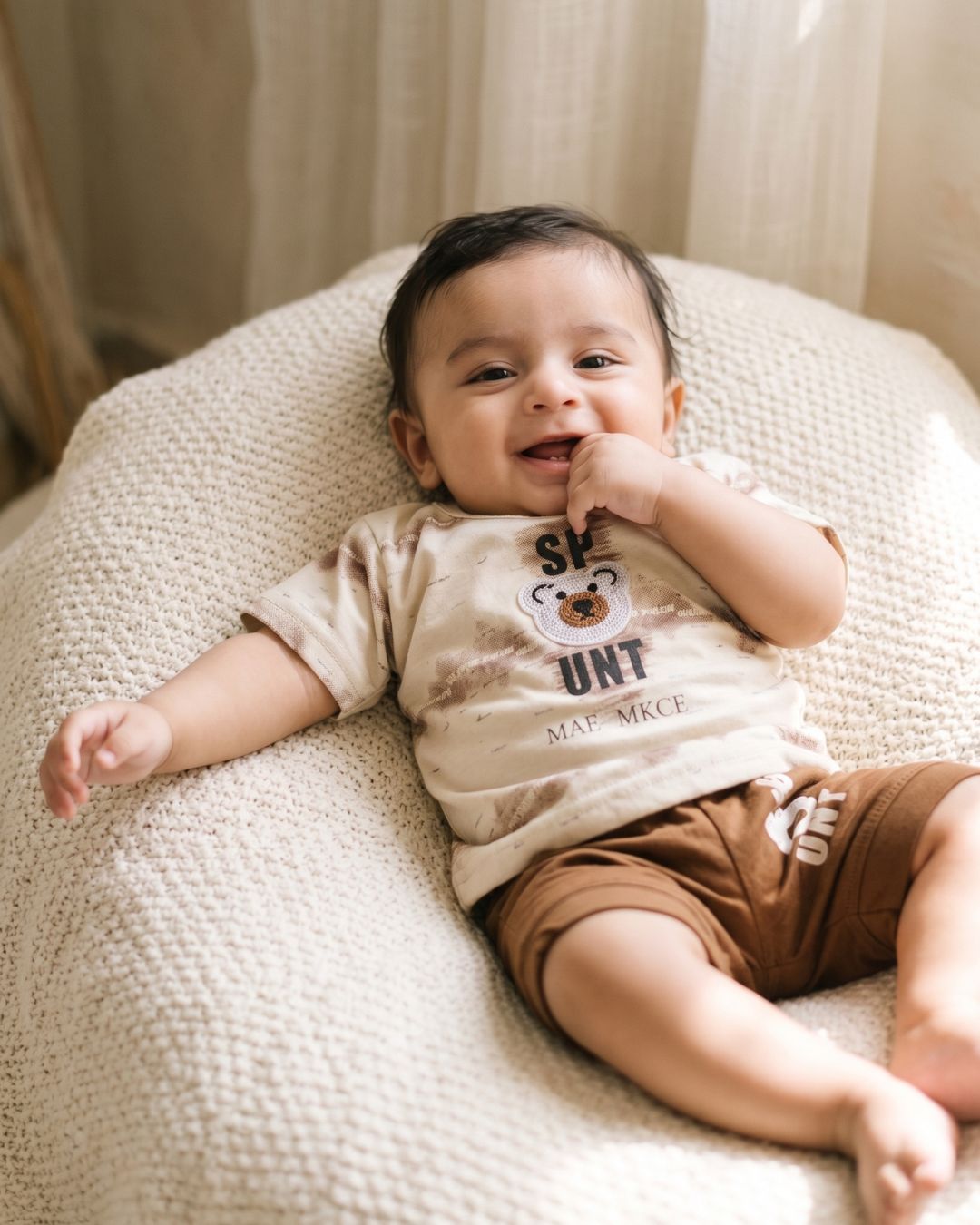 Boy Summer Suit with Teddy Bear Applique-Brown