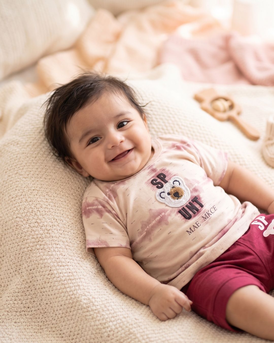 Boy Summer Suit with Teddy Bear Applique-Maroon