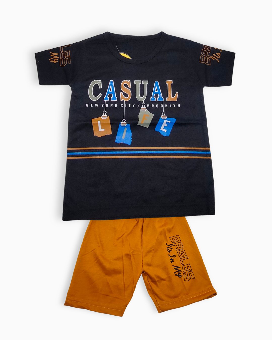 Boys Casual Life T-Shirt & Shorts Set - Black-Mustard