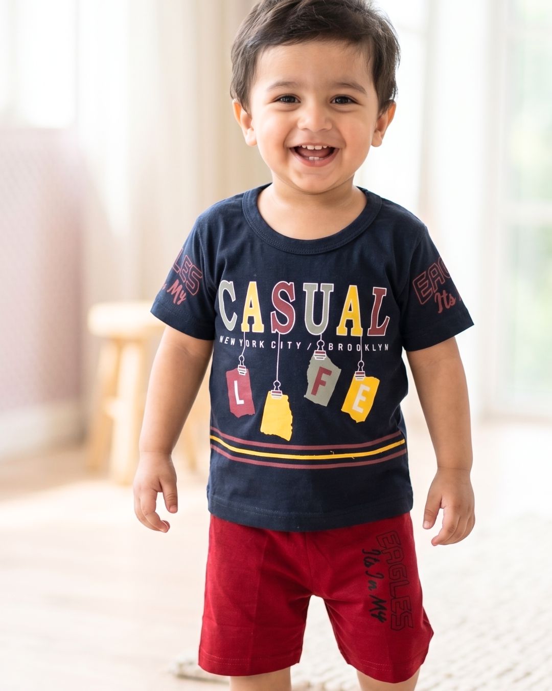 Boys Casual Life T-Shirt & Shorts Set - Black-Maroon