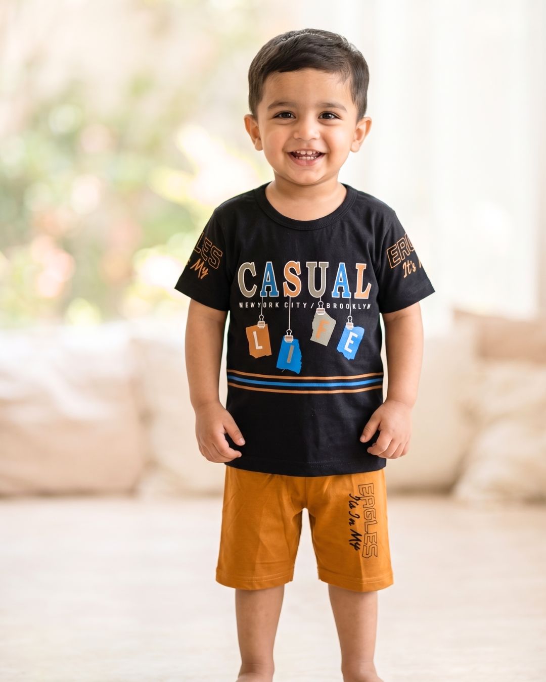 Boys Casual Life T-Shirt & Shorts Set - Black-Mustard