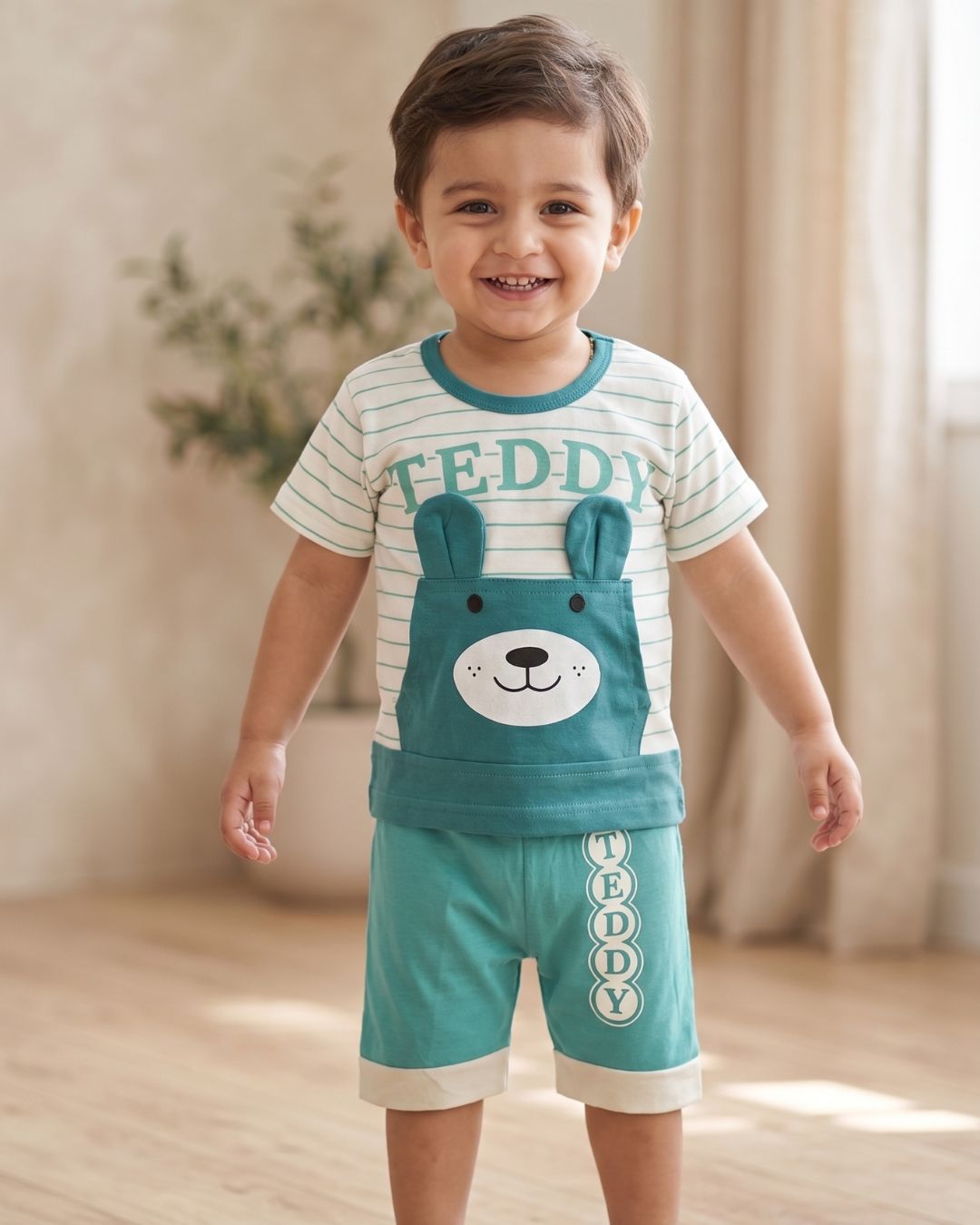 Boys Teddy Striped T-Shirt and Shorts Set - Green