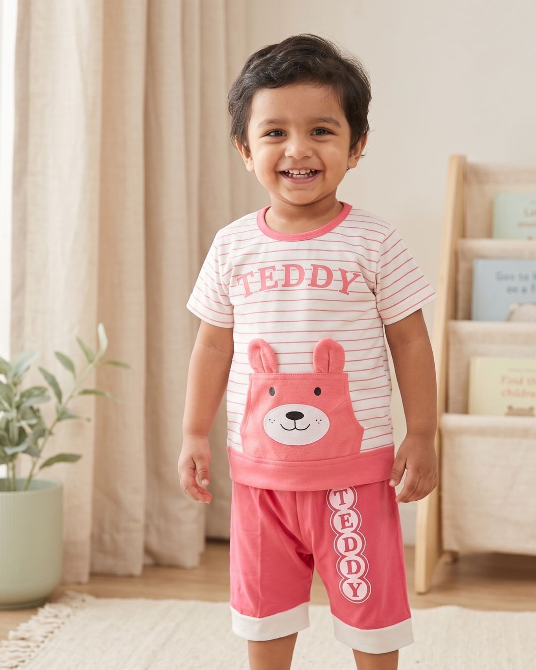 Boys Teddy Striped T-Shirt and Shorts Set - Pink
