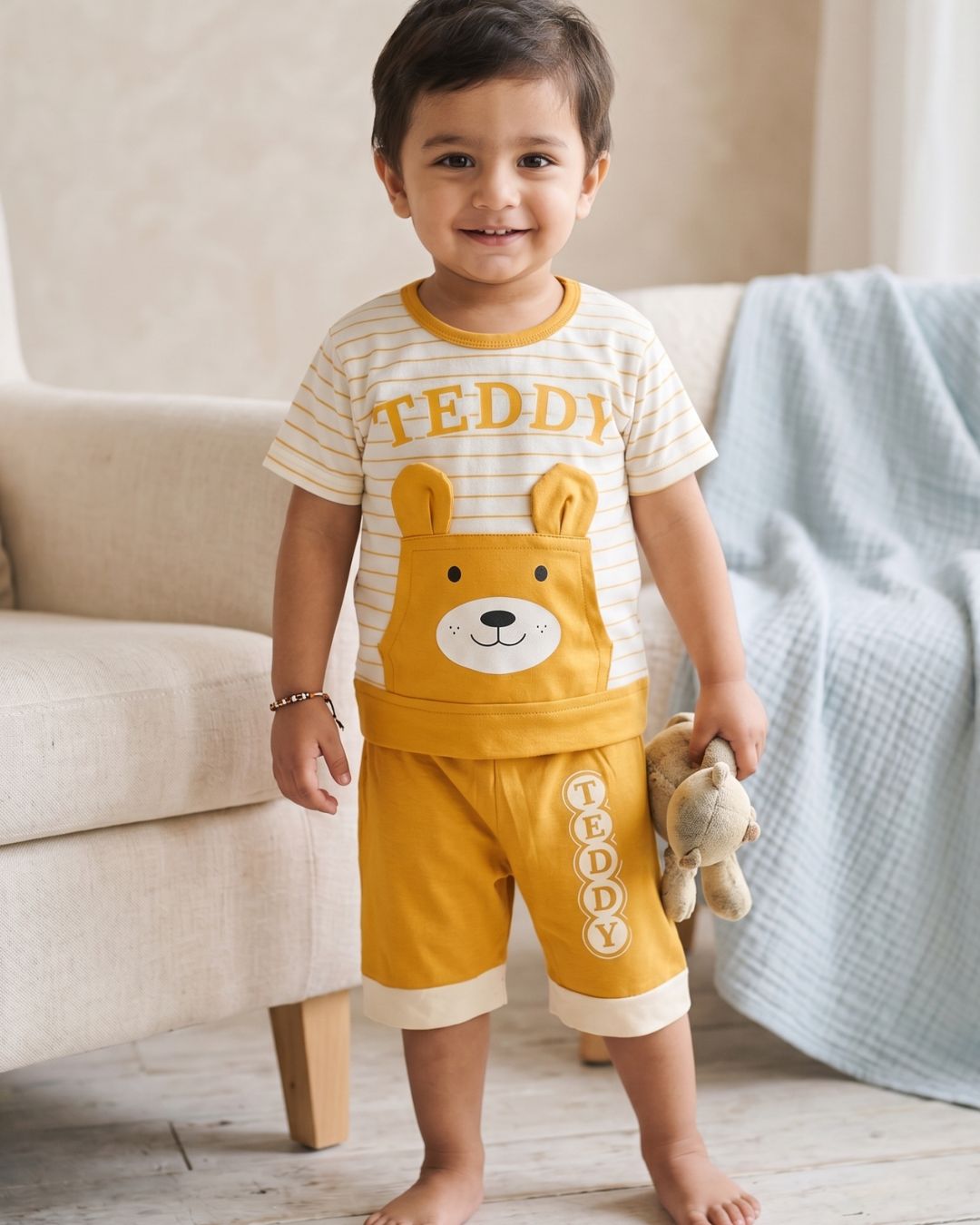 Boys Teddy Striped T-Shirt and Shorts Set - Yellow