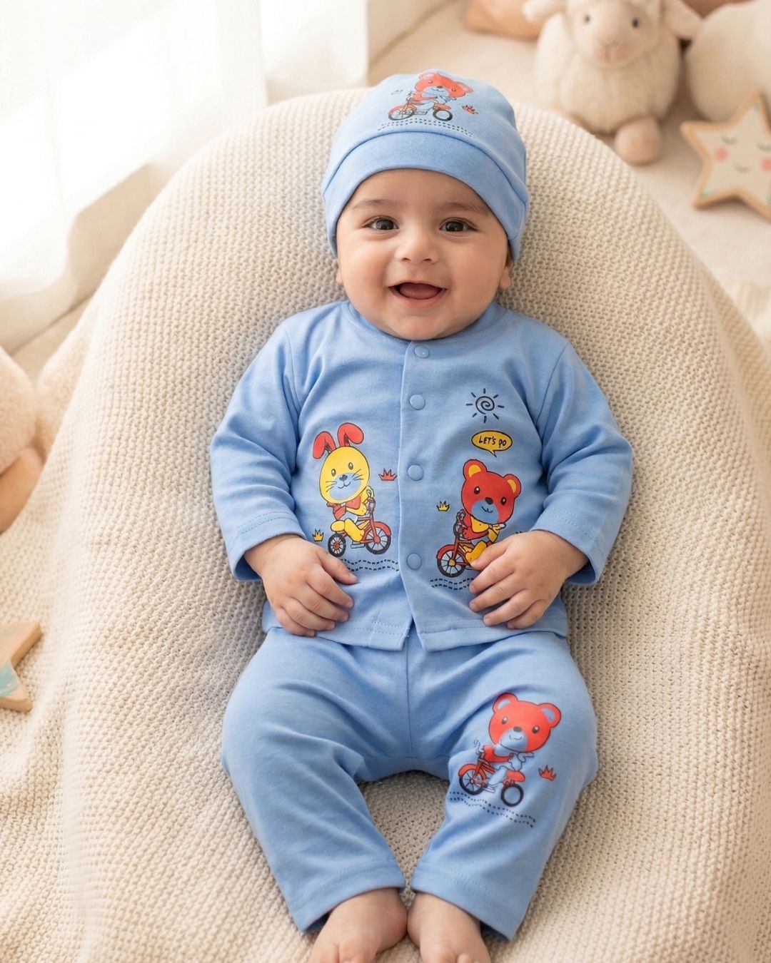 Cute Bear Adventure Baby Suit 3pcs -Blue