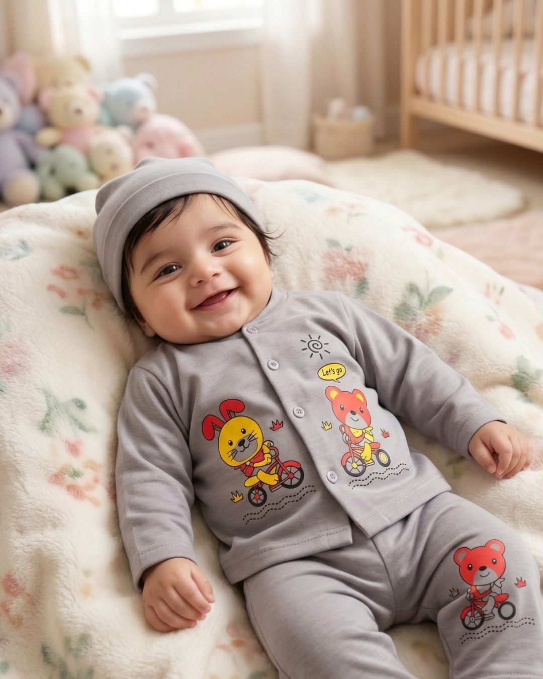 Cute Bear Adventure Baby Suit 3pcs -Gray