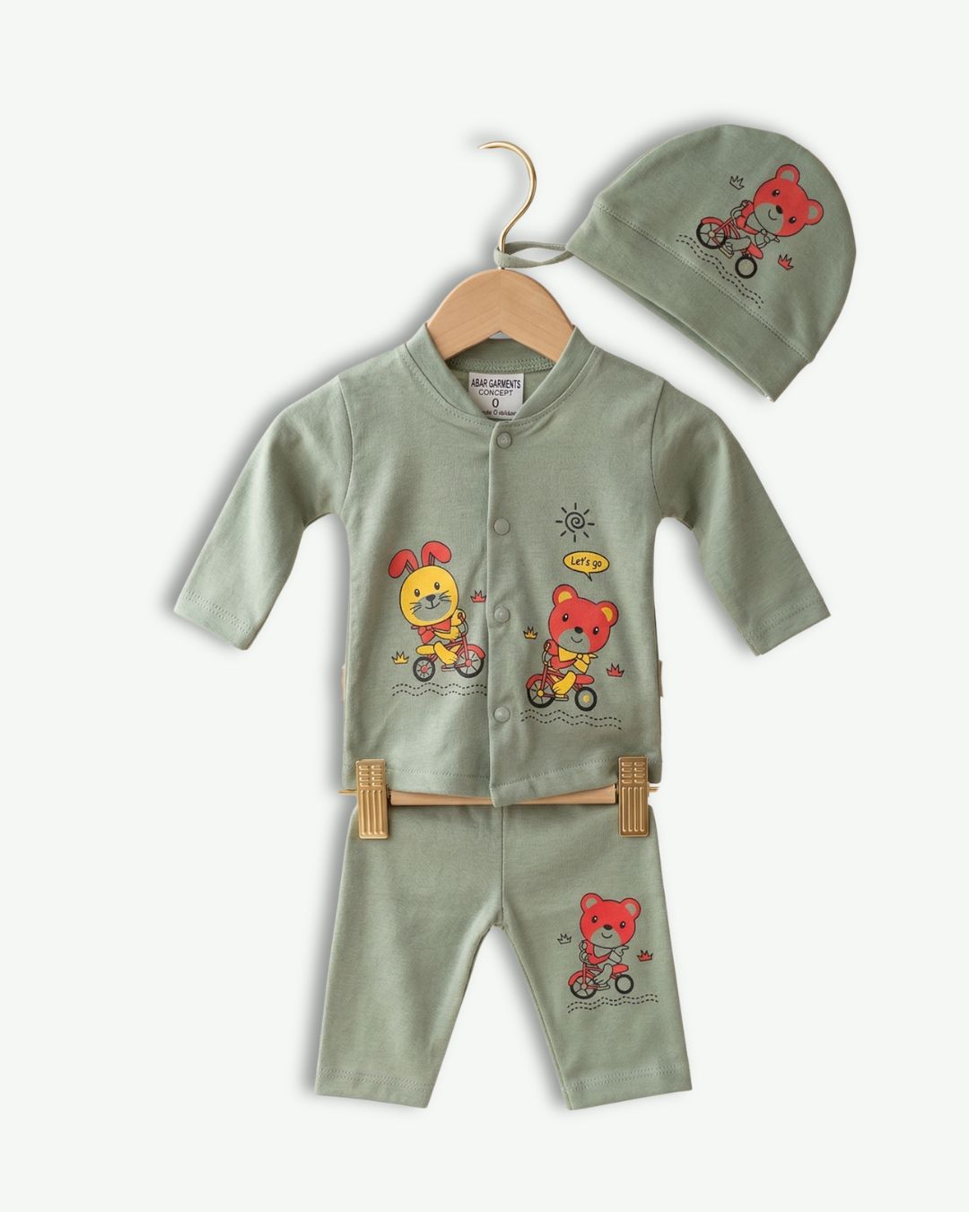 Cute Bear Adventure Baby Suit 3pcs -Green