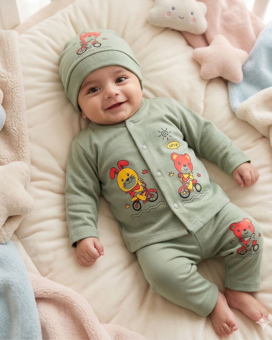 Cute Bear Adventure Baby Suit 3pcs -Green