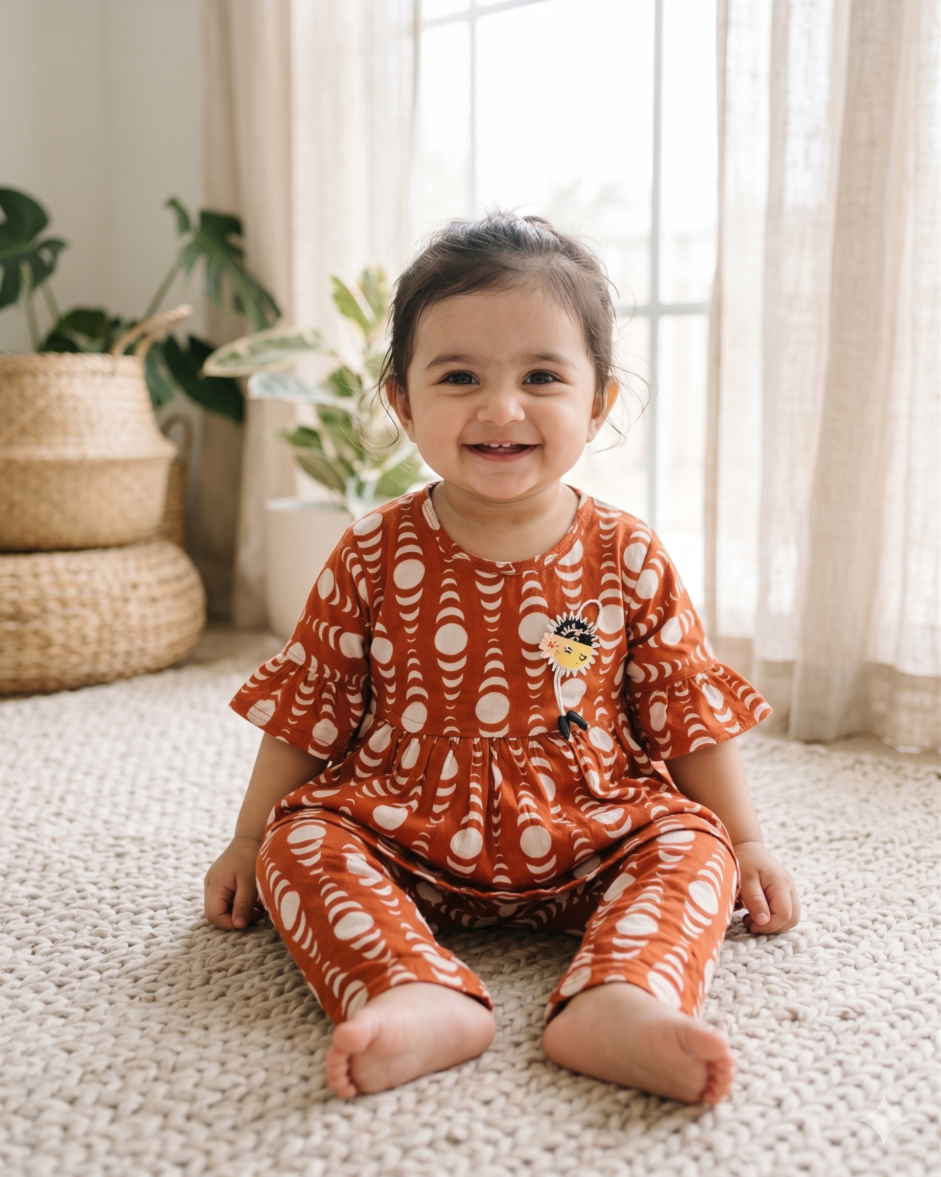 Girls Rust Phase Peplum Linen Frock & Trouser Set